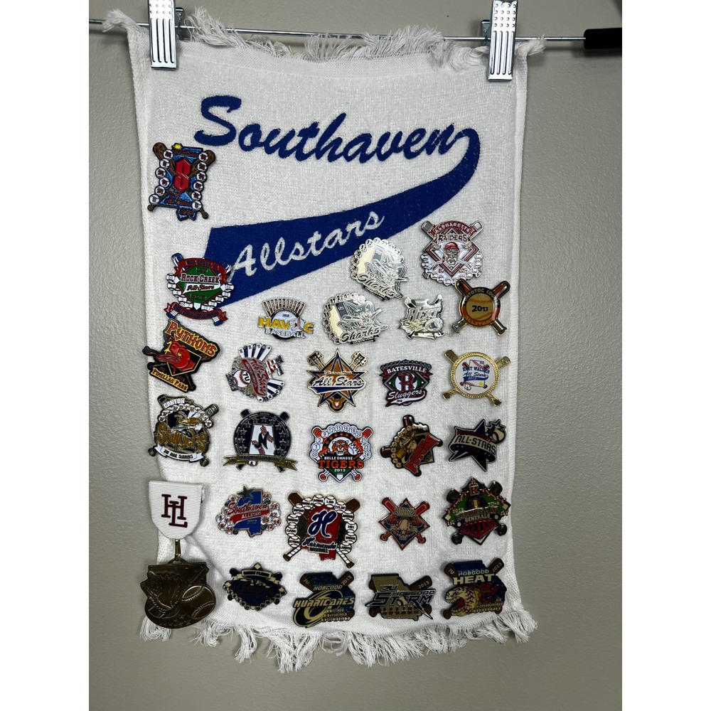 Vintage Youth Baseball Trading Pin Lot 27 Pins 2013-14 Southaven Allstars Towel